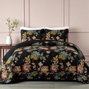 NEW Anthro Black Floral Print Multicolor Boho Queen King Bedding Quilt Sham Set
